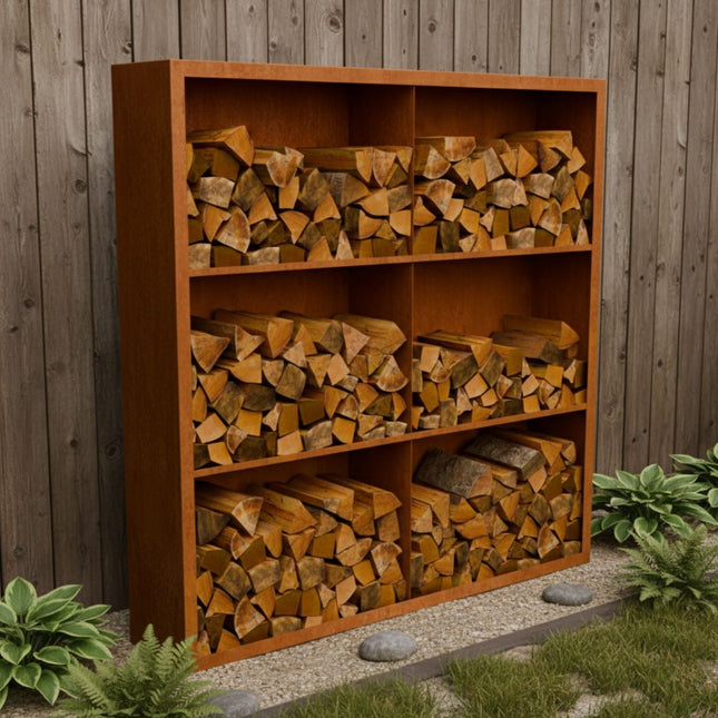 Cortenstalen houtopslag met 6 Vakken met achterwand 200x38,5x200 cm - Doika - Houtopslag - Geroba -  - EguraDC102AW