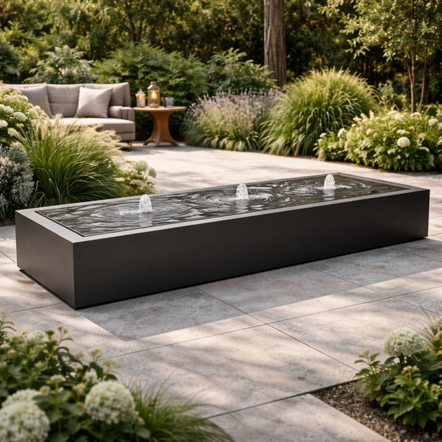 Langwerpige aluminium watertafel met fonteinen 300x100x40cm 79kg - Gitzwart (RAL 9005) - Doika - Watertafel - Geroba -  - TaulaAA6
