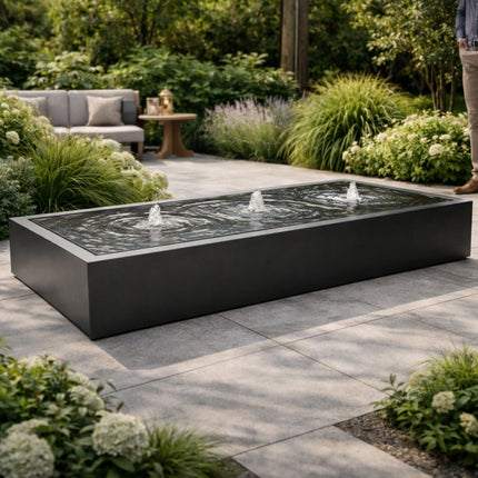 Langwerpige aluminium watertafel met fonteinen 300x120x40cm 88kg - Gitzwart (RAL 9005) - Doika - Watertafel - Geroba -  - TaulaAA5