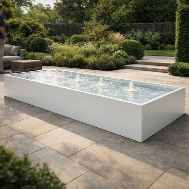 Langwerpige aluminium watertafel met fonteinen 400x150x40cm 130kg - Zuiver Wit (RAL 9010) - Doika - Watertafel - Geroba -  - TaulaAA3