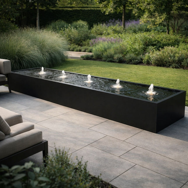 Langwerpige aluminium watertafel met fonteinen 500x100x40cm 124kg - Gitzwart (RAL 9005) - Doika - Watertafel - Geroba -  - TaulaAA2