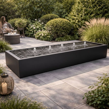 Langwerpige aluminium watertafel met fonteinen 500x150x40cm 158kg - Gitzwart (RAL 9005) - Doika - Watertafel - Geroba -  - TaulaAA1