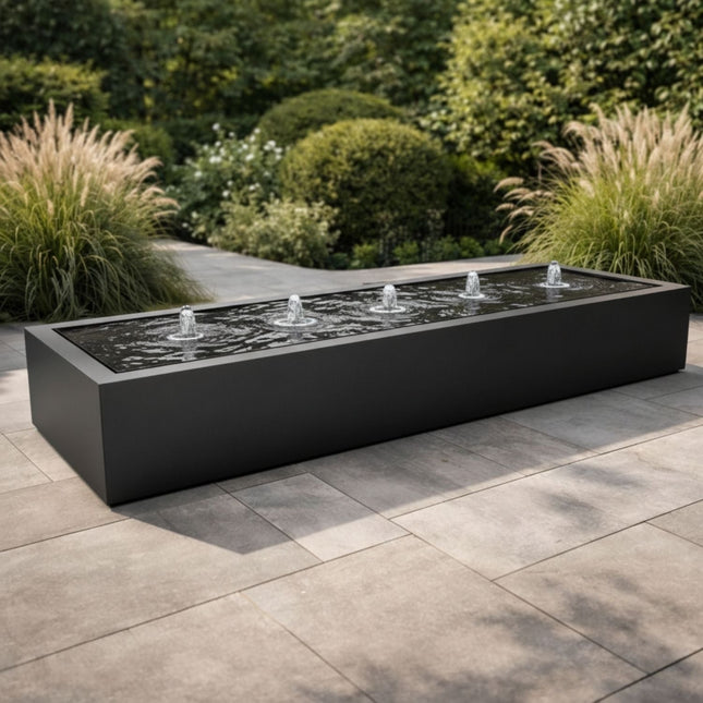 Langwerpige aluminium watertafel met fonteinen 500x150x40cm 158kg - Gitzwart (RAL 9005) - Doika - Watertafel - Geroba -  - TaulaAA1