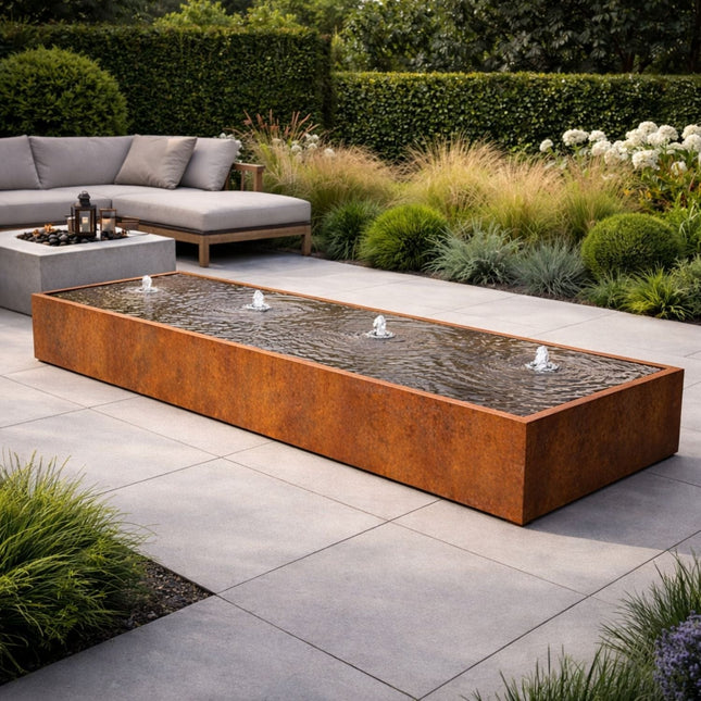 Langwerpige cortenstaal watertafel met fonteinen 400x100x40cm 299kg - Doika - Watertafel - Geroba -  - TaulaAC4