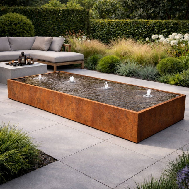 Langwerpige cortenstaal watertafel met fonteinen 400x150x40cm 371kg - Doika - Watertafel - Geroba -  - TaulaAC3