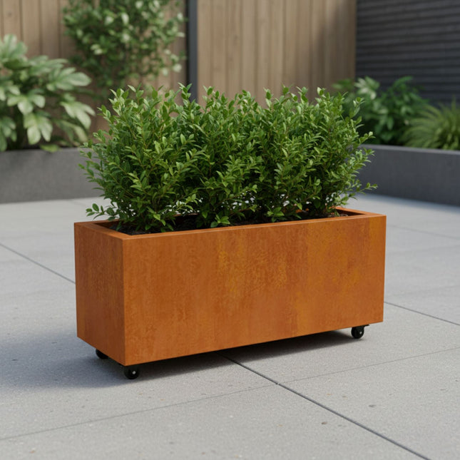 Langwerpige cortenstalen plantenbak met wielen 100x40x40 cm - Doika - Plantenbak - Geroba -  - ArtesaWH22