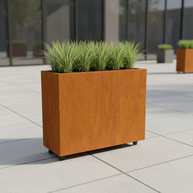 Langwerpige cortenstalen plantenbak met wielen 100x40x80 cm - Doika - Plantenbak - Geroba -  - ArtesaWH28