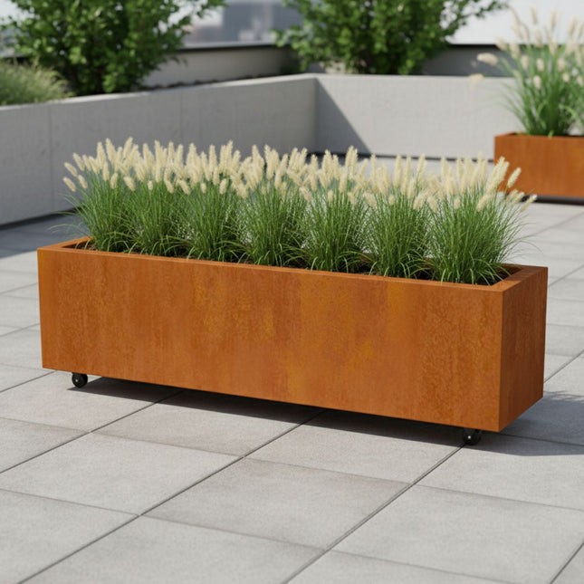 Langwerpige cortenstalen plantenbak met wielen 120x40x40 cm - Doika - Plantenbak - Geroba -  - ArtesaWH20