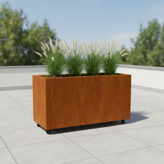 Langwerpige cortenstalen plantenbak met wielen 120x50x60 cm - Doika - Plantenbak - Geroba -  - ArtesaWH14