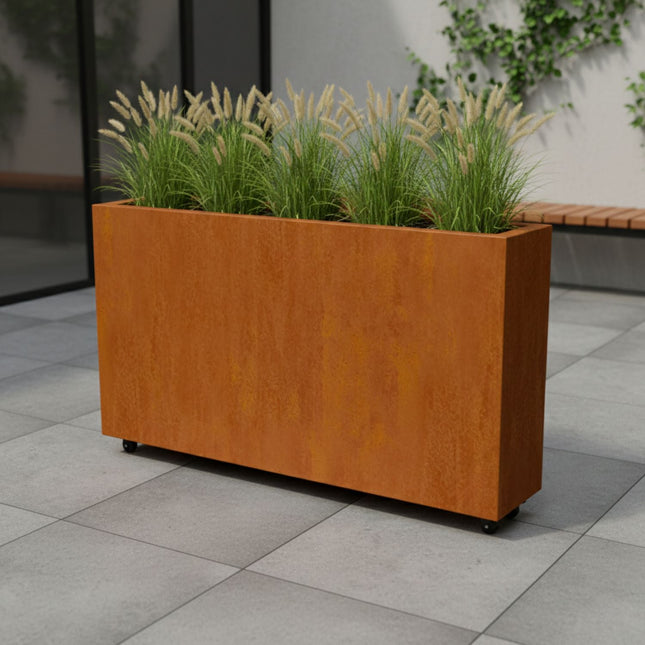 Langwerpige cortenstalen plantenbak met wielen 150x30x80 cm - Doika - Plantenbak - Geroba -  - ArtesaWH21
