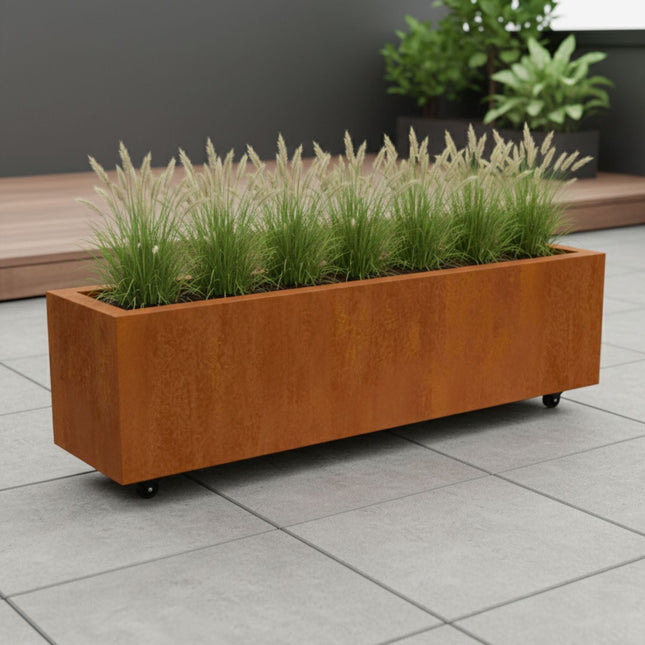 Langwerpige cortenstalen plantenbak met wielen 150x40x40 cm - Doika - Plantenbak - Geroba -  - ArtesaWH19