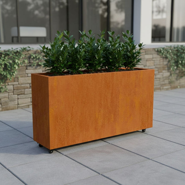 Langwerpige cortenstalen plantenbak met wielen 150x40x80 cm - Doika - Plantenbak - Geroba -  - ArtesaWH30