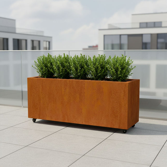 Langwerpige cortenstalen plantenbak met wielen 150x50x60 cm - Doika - Plantenbak - Geroba -  - ArtesaWH16