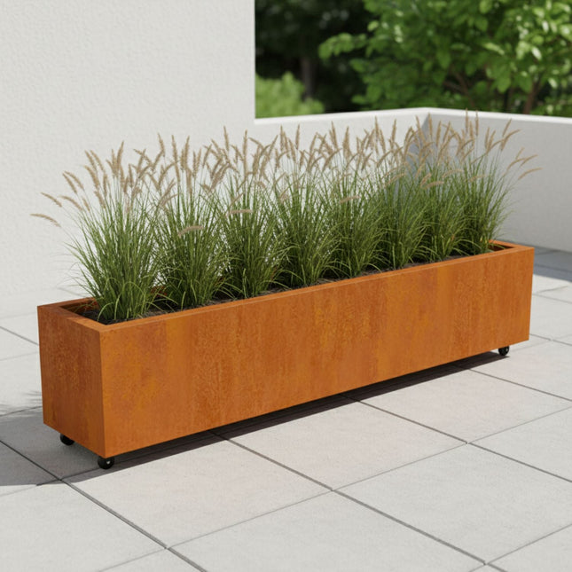Langwerpige cortenstalen plantenbak met wielen 200x40x40 cm - Doika - Plantenbak - Geroba -  - ArtesaWH18