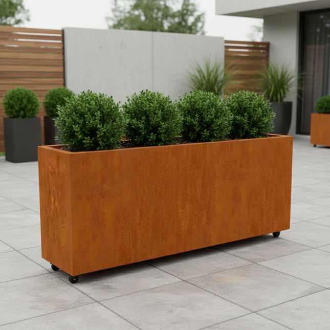 Langwerpige cortenstalen plantenbak met wielen 200x40x80 cm - Doika - Plantenbak - Geroba -  - ArtesaWH31