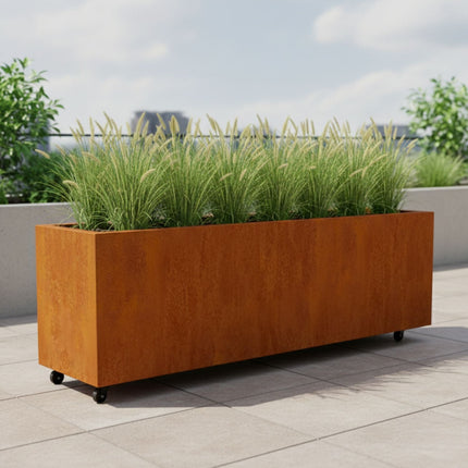 Langwerpige cortenstalen plantenbak met wielen 200x50x60 cm - Doika - Plantenbak - Geroba -  - ArtesaWH17