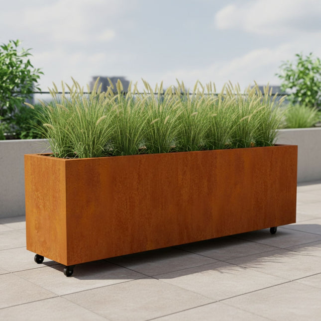 Langwerpige cortenstalen plantenbak met wielen 200x50x60 cm - Doika - Plantenbak - Geroba -  - ArtesaWH17