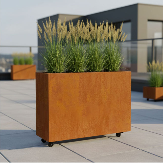Langwerpige cortenstalen plantenbak met wielen 90x30x80 cm - Doika - Plantenbak - Geroba -  - ArtesaWH6