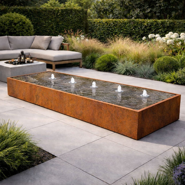 Langwerpige cortenstalen watertafel met fonteinen 500x150x40cm 452kg - Doika - Watertafel - Geroba -  - TaulaAC1