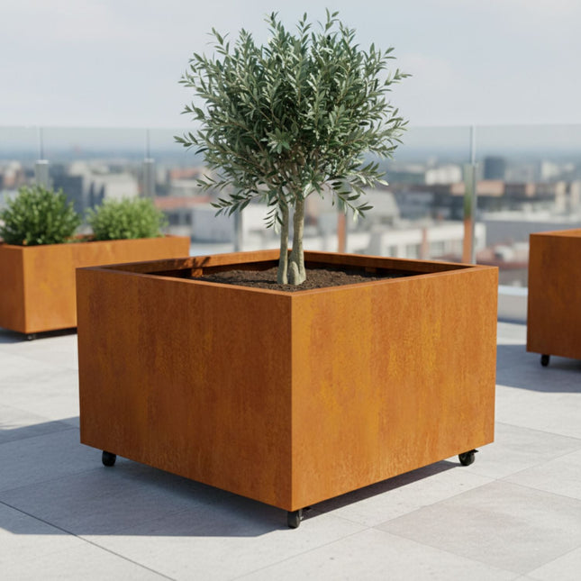 Vierkante cortenstalen plantenbak met wielen 100x100x60 cm - Doika - Plantenbak - Geroba -  - ArtesaWH9