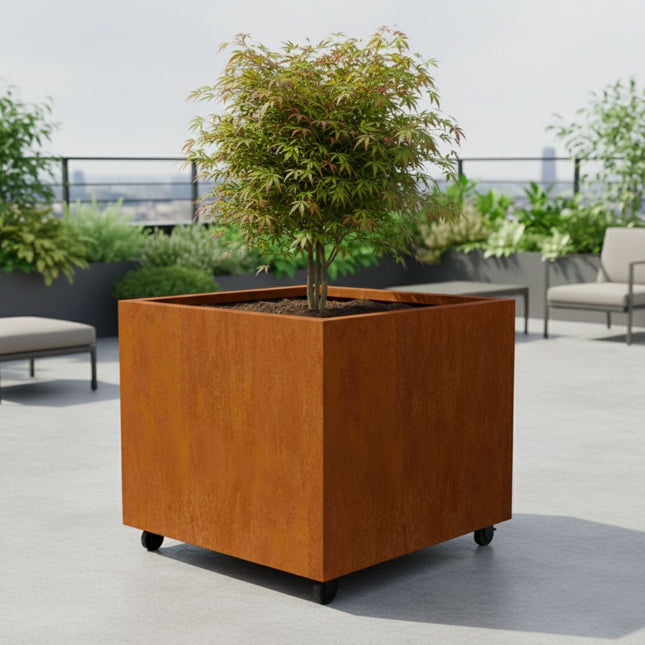 Vierkante cortenstalen plantenbak met wielen 100x100x80 cm - Doika - Plantenbak - Geroba -  - ArtesaWH10