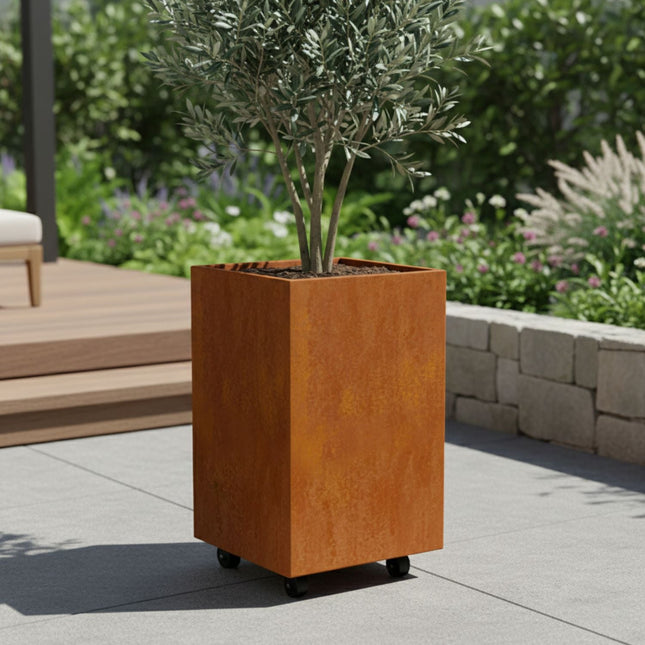 Vierkante cortenstalen plantenbak met wielen 40x40x100 cm - Doika - Plantenbak - Geroba -  - ArtesaWH3