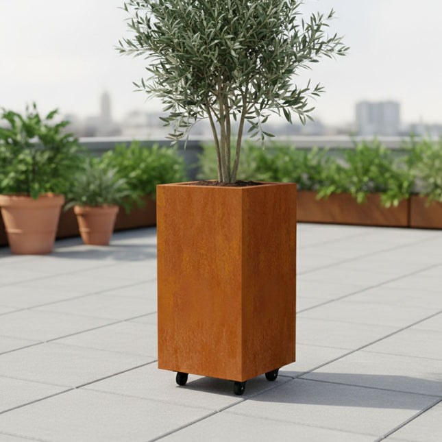 Vierkante cortenstalen plantenbak met wielen 40x40x80 cm - Doika - Plantenbak - Geroba -  - ArtesaWH2