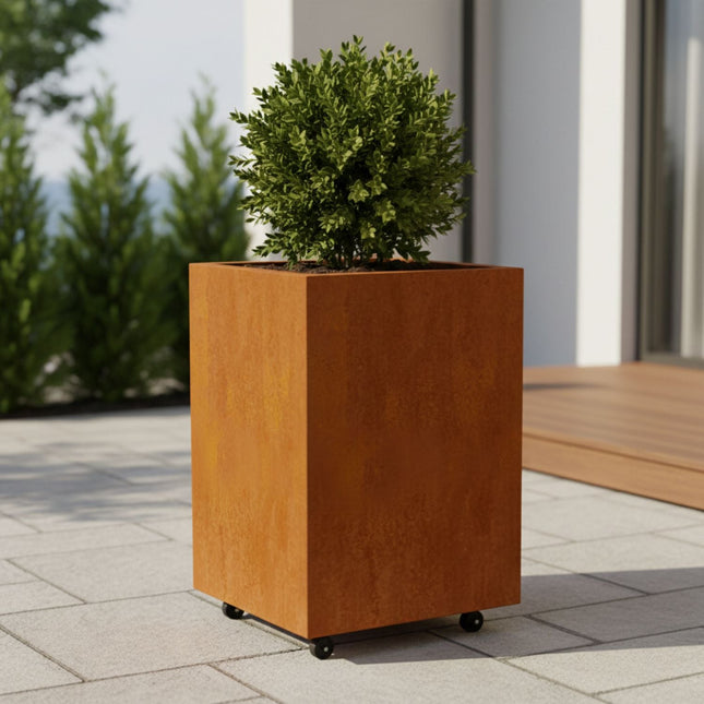 Vierkante cortenstalen plantenbak met wielen 50x50x100 cm - Doika - Plantenbak - Geroba -  - ArtesaWH4