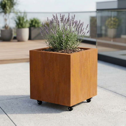 Vierkante cortenstalen plantenbak met wielen 50x50x50 cm - Doika - Plantenbak - Geroba -  - QuadraWH3
