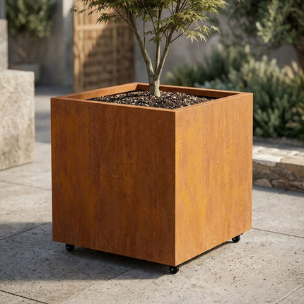 Vierkante cortenstalen plantenbak met wielen 80x80x80 cm - Doika - Plantenbak - Geroba -  - QuadraWH6