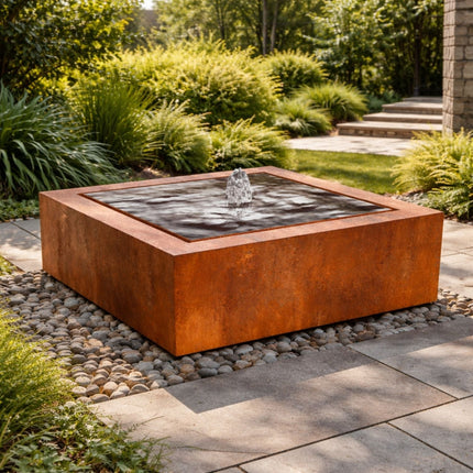 Vierkante cortenstalen watertafel met fontein 120x120x40cm 115kg - Doika - Watertafel - Geroba -  - TaulaQC1
