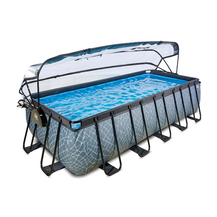 EXIT Piscine en pierre 540x250x122cm avec pompe à filtre à sable et auvent - gris